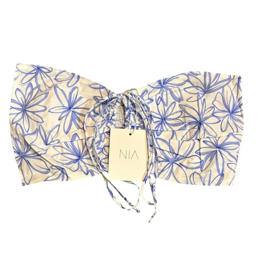 NIA Floral Strapless Bandeau Crop Top NWT Medium Blue Cream Costal Summer